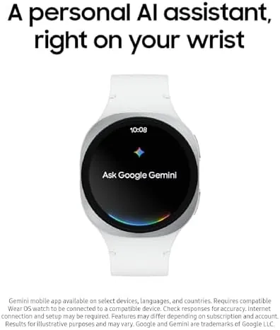 The 40mm Galaxy Watch 8 next to a Pixel Watch and a slim fitness band