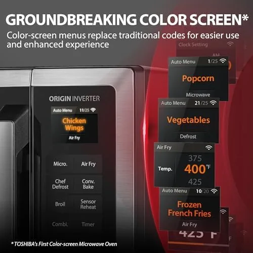 Close up of the control panel showing the color screen and cooking mode icons
