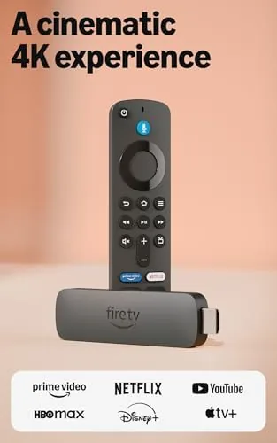 The Amazon Fire TV Stick 4K Plus with remote plugged into a TV HDMI port