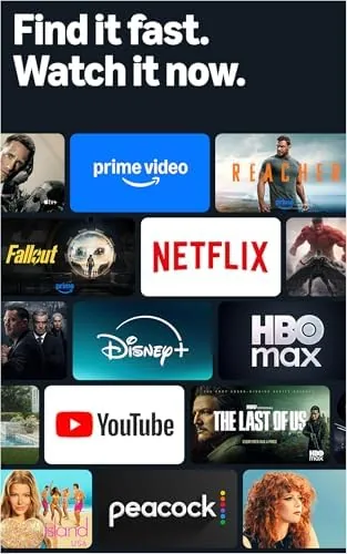 A living room setup with the Fire TV Stick playing content on a wall mounted TV