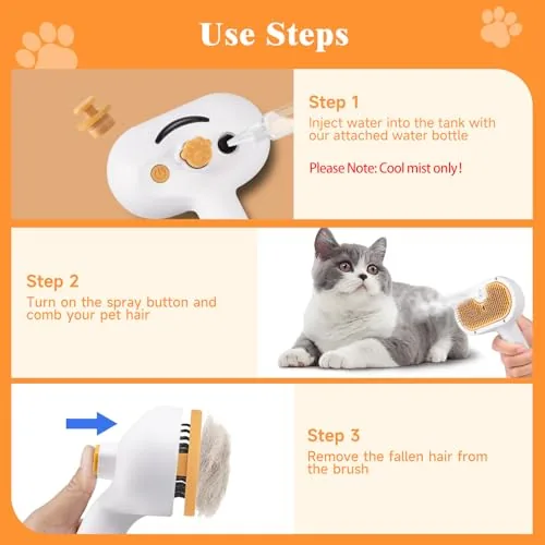 A cat tolerating a slow grooming pass with the steam brush on a sofa