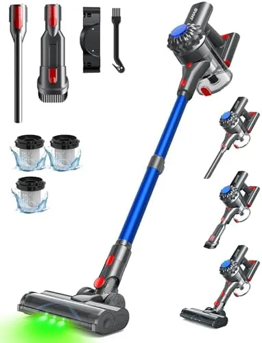 The blue cordless stick vacuum standing assembled in a living room