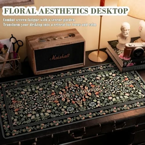 The iCasso Floral Desk Mat,Mouse Pad for Office Decor,35.4x15.7in,Black | Back compared in context