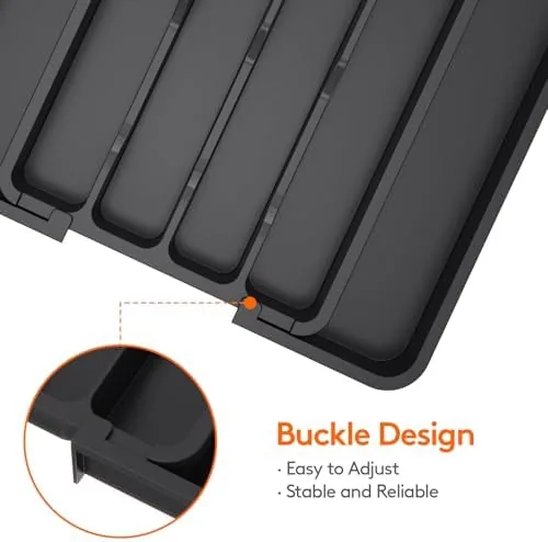 The expandable organizer next to a fixed size tray and a bamboo tray