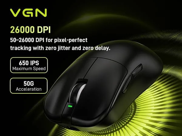 Close up of the mouse showing the button layout, scroll wheel, and matte shell