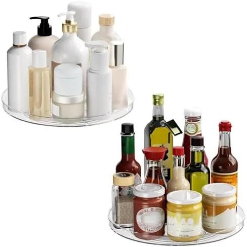 Two clear 9 inch lazy susan turntables on a kitchen counter
