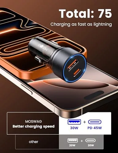 Close look at the MOSWAG USB C Car Charger, 75W Mini Cigarette Lighter USB build quality