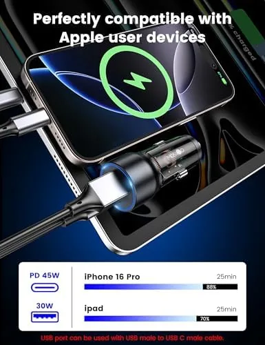 Detail shot of the MOSWAG USB C Car Charger, 75W Mini Cigarette Lighter USB features