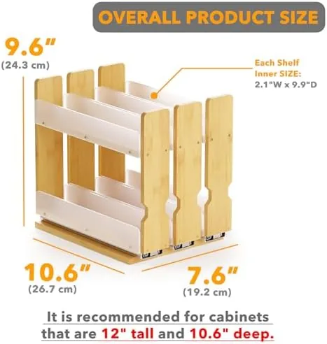 The drawers pulled out showing rows of organized spice bottles
