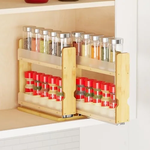 The rack fully loaded and pulled out showing the complete organized spice collection
