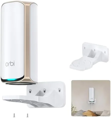SURVADV wall mount holder with a Netgear Orbi WiFi 7 node secured on the steel shelf