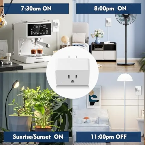 Four smart plugs in a power strip along with a name brand plug for scale comparison