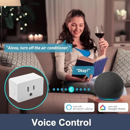 Living room with lamps on smart plugs while a person gives a voice command to an assistant speaker