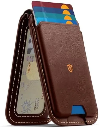 Overview of the SHIELDON Genuine Leather Magnetic Wallet Stand for MagSafe, Navy Blue