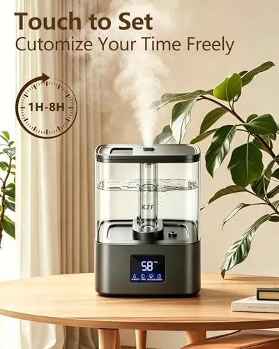 Independent humidity sensor on a nightstand next to the running KZF humidifier
