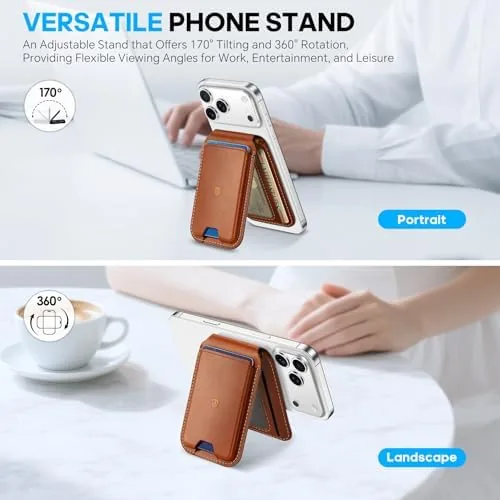 The SHIELDON Genuine Leather Magnetic Wallet Stand for MagSafe, Retro Brown in real use