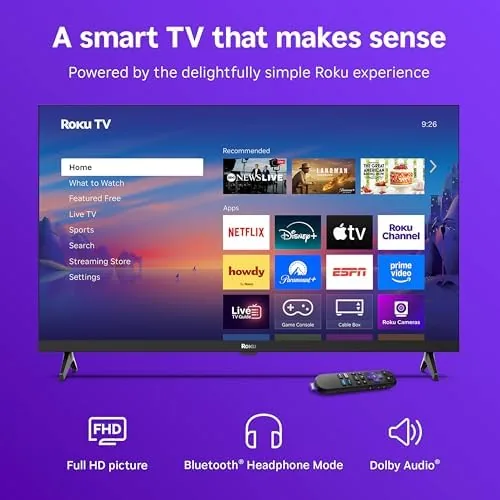 A movie streaming on the Roku 32 inch television on a kitchen counter