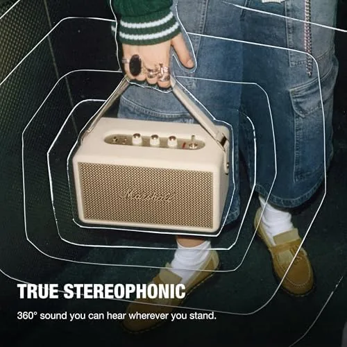 Detail shot of the Marshall Kilburn III Portable Bluetooth Speaker - Cream | Loud features