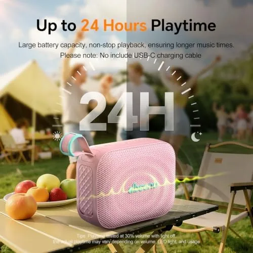 The speaker controls showing volume and pairing buttons on the pink housing
