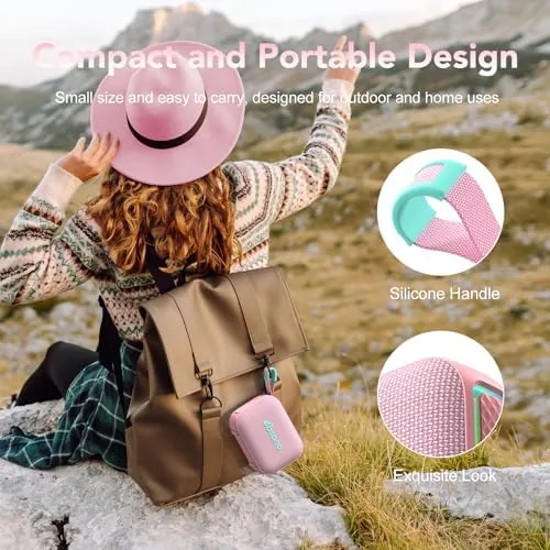 The pink dbsono speaker beside a tiny pocket speaker and a larger party speaker