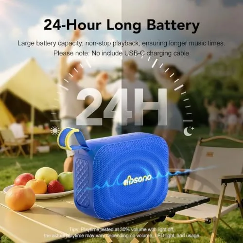 Two blue speakers paired together in TWS mode on a patio