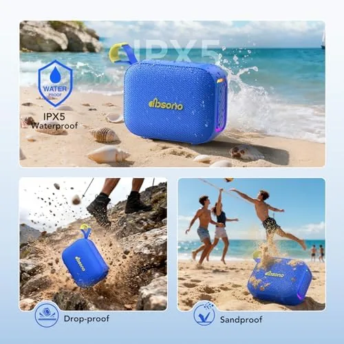 The blue speaker next to a clip on mini speaker and a large floor party speaker