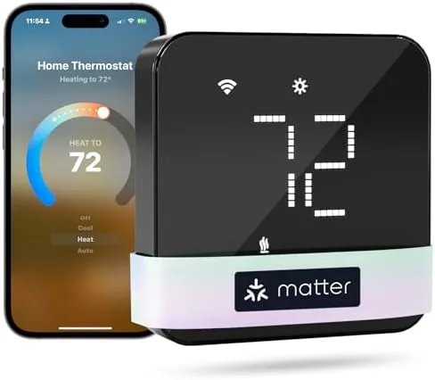 The meross smart thermostat mounted on a hallway wall with its display showing the temperature