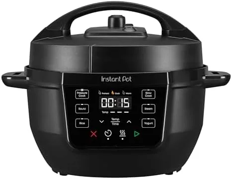 Front view of the Instant Pot RIO Mini 4 quart multicooker in black on a kitchen counter
