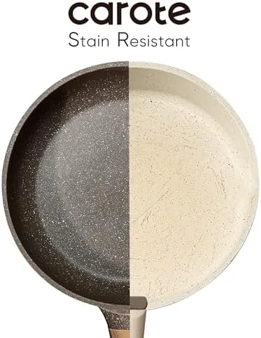 A frying pan in the set releasing a pancake without sticking