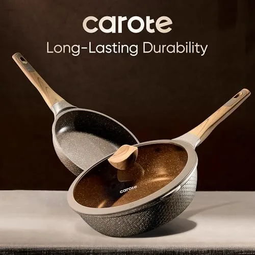 The cookware set organized in a kitchen cabinet after use