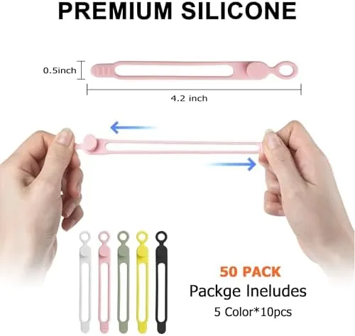 Close look at the 50Pcs Silicone Cable Ties, Cord Organizer Cable Management-Multi | Reusable build quality