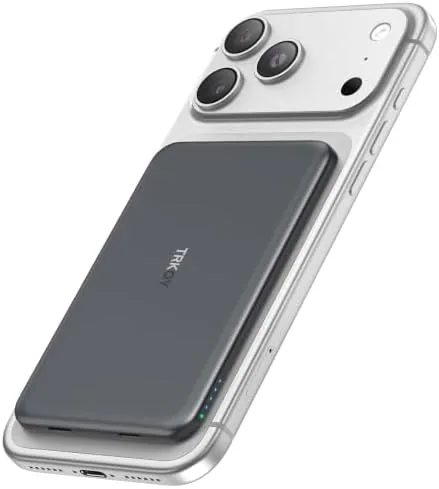 The slim magnetic power bank attached to the back of a phone