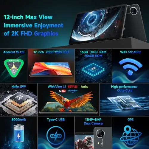 Detail shot of the Upgraded Tablet 12 inch Android 15 Tablet with 256GB ROM features