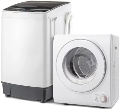 The ROVSUN portable dryer and washing machine side by side in a small apartment laundry corner