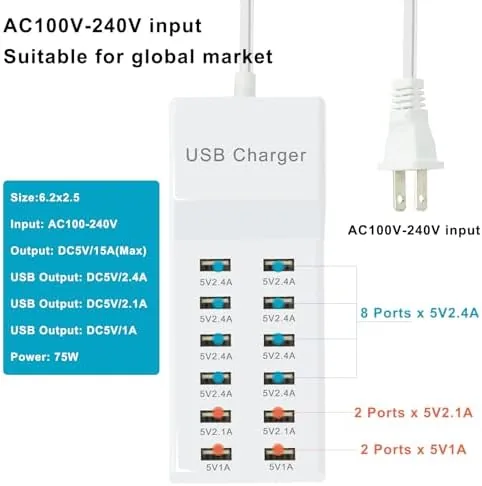 Another view of the USB Charging Station Wall Charger, Multi-Port Fast Charging Block, Compatible