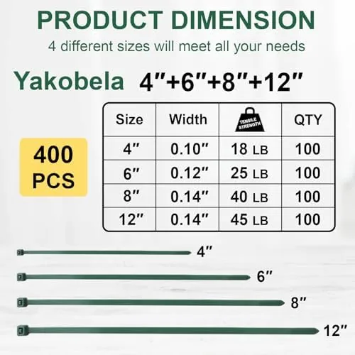 Close look at the Green Zip Ties Assorted Sizes (4"+6"+8"+12"), 400 Pack, Cable Ties build quality