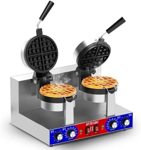 The stainless steel rotating Belgian waffle maker on a kitchen counter
