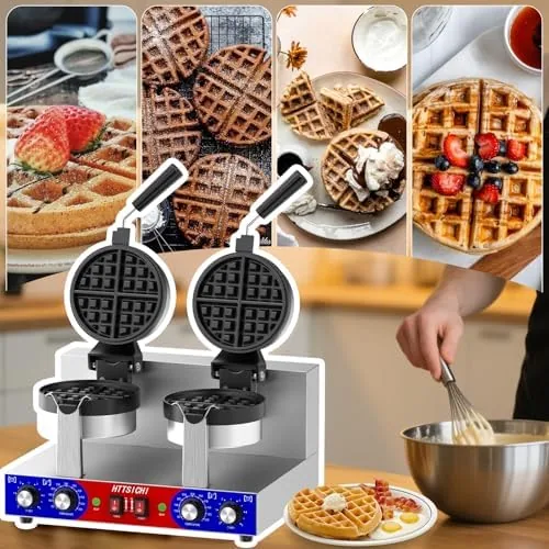 A stack of thick Belgian waffles with berries and syrup beside the waffle maker