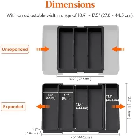 The tray stretched to its full width showing the compartments for silverware and tools