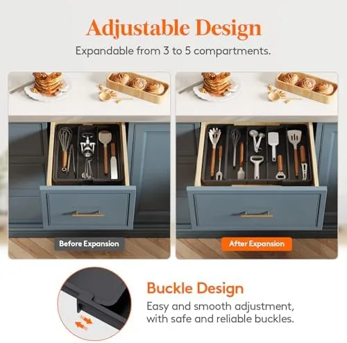 The expandable tray next to a fixed wooden tray and a modular segmented system