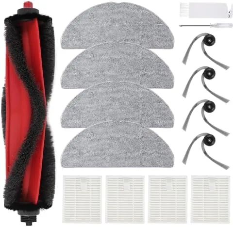 The full replacement parts kit laid out with the main brush, filters, mop pads, and side brushes