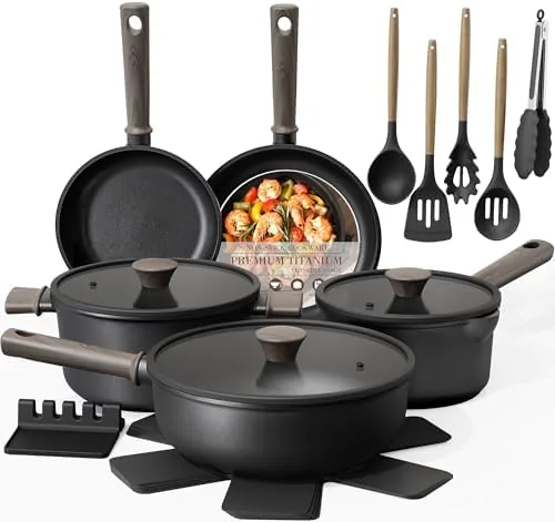 The full Astercook 19 piece set laid out on a kitchen counter