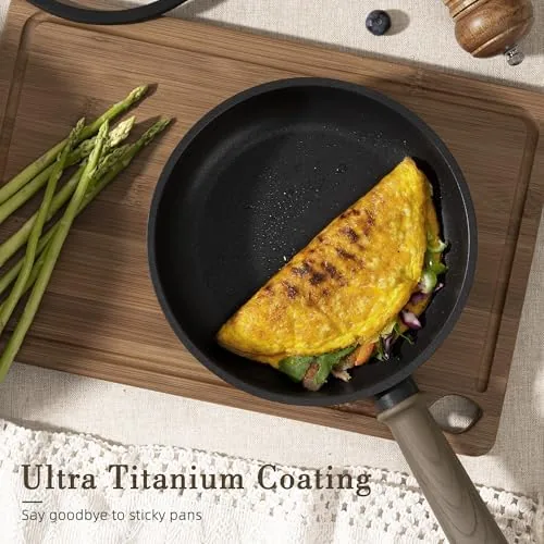A fried egg sliding across the non stick surface of the frying pan
