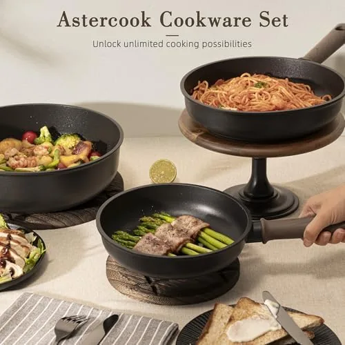 The Astercook set next to a PTFE pan and a stainless steel pan