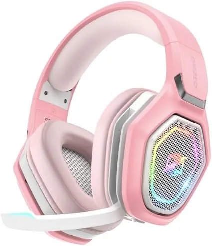 The Ozeino wireless gaming headset with the RGB lighting on and both transmitters