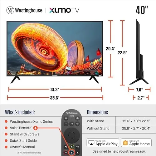 The Westinghouse 40 inch next to a 4K budget TV and a monitor with a streaming stick
