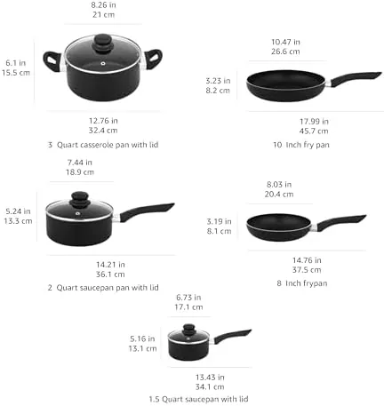 The Amazon Basics cookware set next to a stainless steel pan for comparison