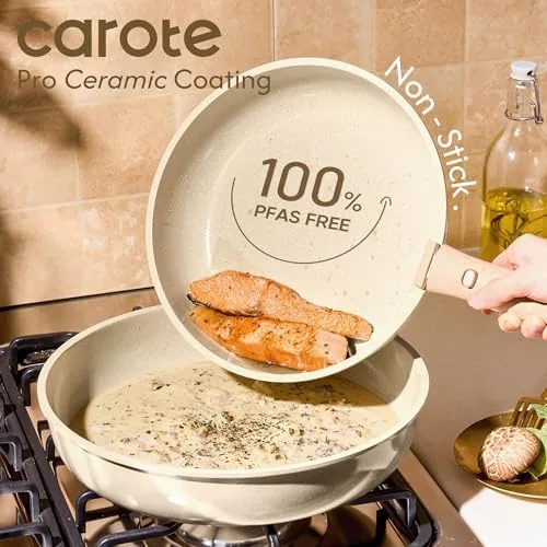 A fried egg sliding out of the oatmeal CAROTE ceramic frying pan