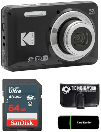 The black Kodak PIXPRO FZ55 digital camera held in hand with the lens extended