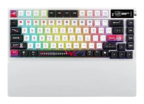The white ASUS ROG Azoth X 75% wireless mechanical keyboard on a desk